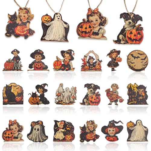 Vintage Halloween Decoration Wooden Hanging Ornaments - 36Pcs Vintage Style Boy Girl Bat Pumpkin Wood Cutouts Rustic Farmhouse Tree Decor Home Halloween Party Supplies