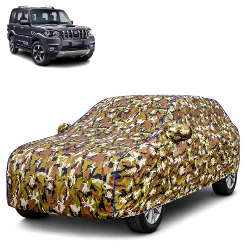 Image of Waterproof Car Body Cover for Mahindra Scorpio Classic with Mirror Pocket| Cotton Inner Lining | Triple Stitched | All Weather Protection | Dust, UV & Rain Proof (Camouflage with Blue Piping)
