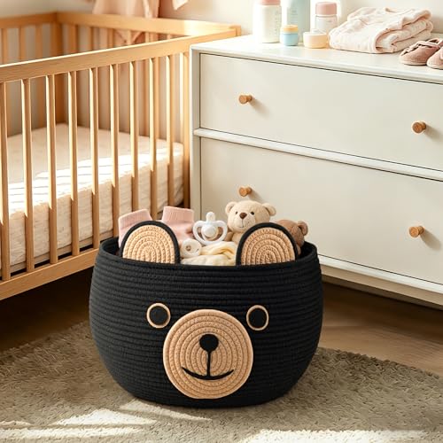 Image of CherryNow Woven Rope Basket, Bear Baskets for Gifts Empty, Large Storage Basket for Living Room Nursery, Decorative Animal Baskets with Handles, Black, 15.7 inchD x 10.5 inchH