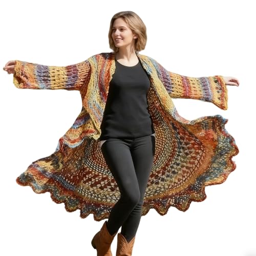 Explcior Bohemian Hippie Style Rainbow Hooded Long Cardigan, Handcrafted Crochet Colorful Ruffle Hem Boho Jacket Oversized