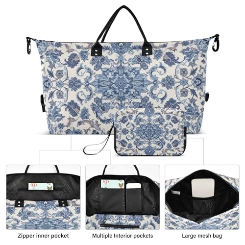 Kigai Bohemian Floral Blue Duffle Bag Versatile Travel Duffel for Men and Women, Carry On for Weekend or Overnight Stay2