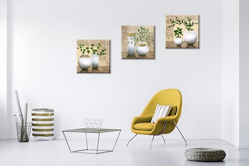 Miniatura 4 de SZ - Arte de pared de 3 piezas para sala de estar, elegante lienzo de plantas verdes de primavera en jarrones blancos sobre imagen beigemarrón