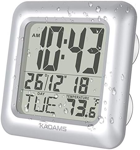 KADAMS Digital Bathroom Shower Clock, Waterproof for Water Spray, Temperature Thermometer, Seconds, Calendar Date Month Day, Suction Cups, Table Stand, Hanging Rope Wall Clock - Silver Frame