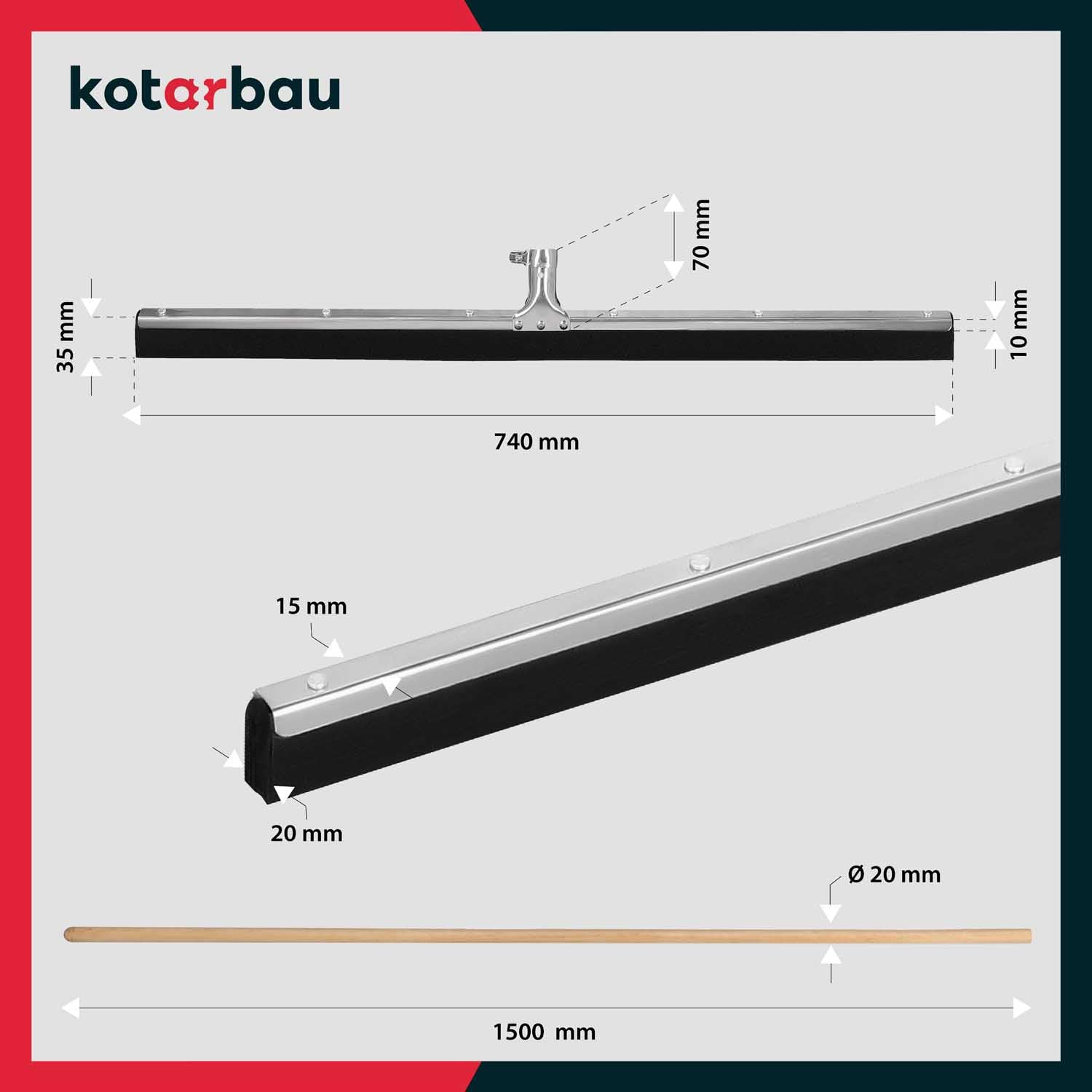 KOTARBAU® Raclette Sol - Acier - 75 cm - avec Manche en Bois 150 cm - Balai Raclette Sol Caoutchouc - Balai Mousse - Intérieur Extérieur -idéal pour Garage - Douche - Salle De Bain - Terrasse