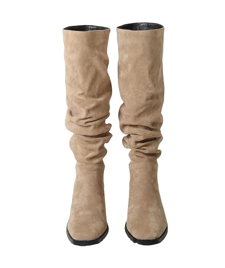 Womens Knee High Boots Pleated Design Belt Buckle Chunky Heel Casual Style