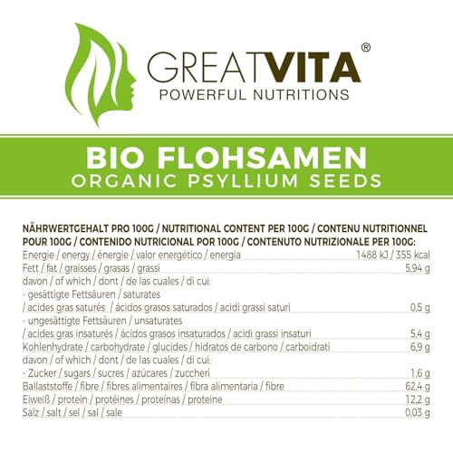 GreatVita Bio Flohsamen 1000g | 99% rein & von Natur aus glutenfrei | Hochwertige Ballaststoffquelle in Rohkostqualität | Vegan, ohne Zusätze, abgefüllt in Deutschland | GreatVita