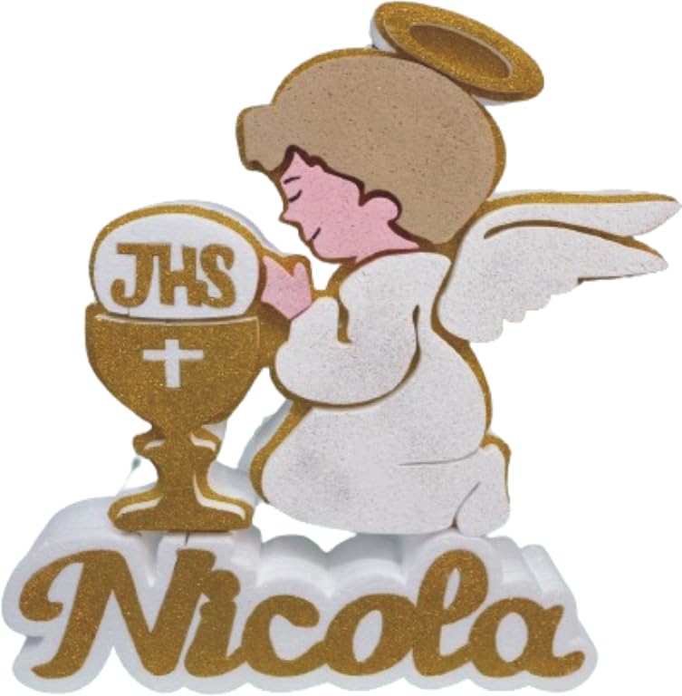 PRIMA COMUNIONE SCULTURA POLISTIROLO ANGELO BIANCO CHE PREGA E CALICE SCRITTA PERSONALIZZATA CON NOME MASCHIO FEMMINA