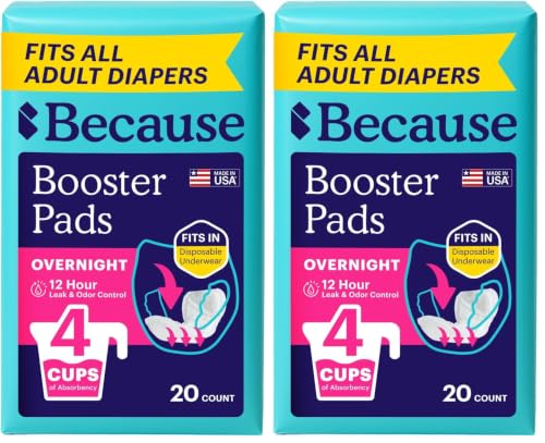 Image of Because Overnight Incontinence Booster Pads for Men and Women, Adds 4 Cups Extra Absorbency to Adult Diapers, Super Soft, Adhesive Strip Backing, Unisex, 20 Count (Pack of 2)