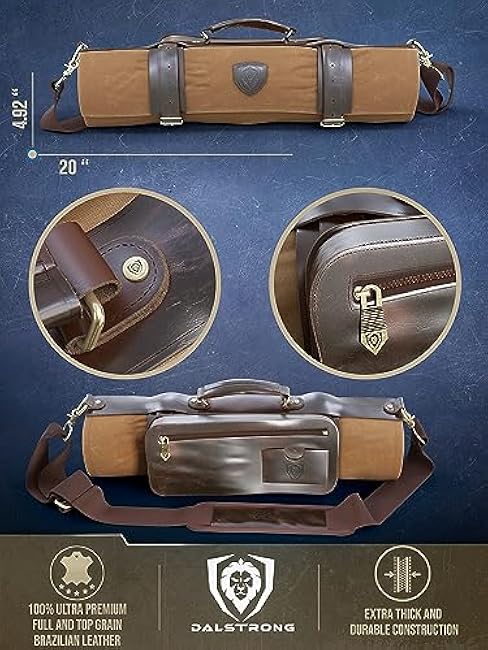 Dalstrong Nomad Knife Wrap Roll - 12oz Waxed Canvas Top Grain Leather Knife Roll Bag- 13 Slots - Interior & Rear Zipper Pockets - Travel Storage with Blade