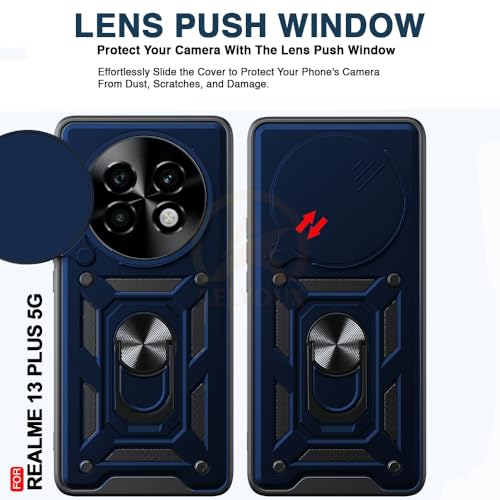 Image of Armor Bumper Back Cover Case for Realme 13 Plus / P1 Speed 5G Rotating Camera Cover, Ring Holder & Kickstand | Heavy Duty & 360 Degree Protection Realme 13 Plus / P1 Speed 5G Back Cover (Blue)