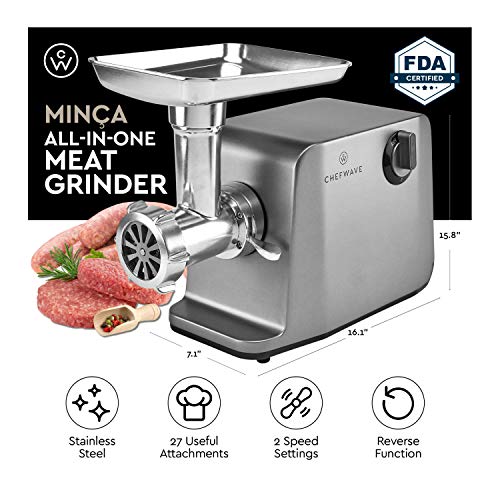 ChefWave Electric Meat Grinder - FDA Certified - Stainless Steel Heavy Duty 1800W Max 3-Speed - 4 Grinding Plates, 3 Cutting Blades, Vegetable Slicer, Tomato Juicer, Sausage Stuffer Tubes, Kibbeh Kit