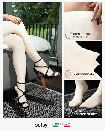 sofsy Plus Size Cream Tights – Italian 40 Den Opaque Microfiber Costume Pantyhose for Women | High-Waist Nylons for Fairies Style – XL