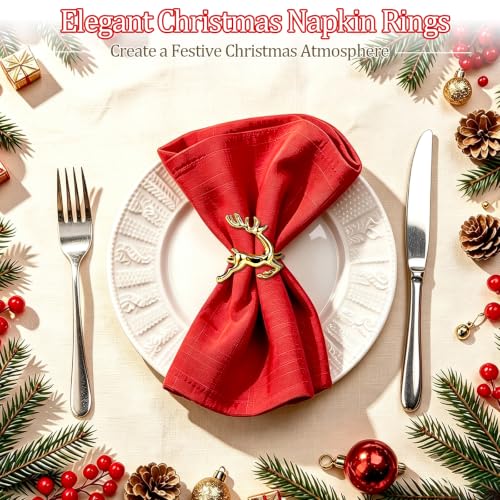 Image of Legigo Set of 6 Christmas Deer Napkin Rings Set- Gold Deer Xmas Napkin Ring Holders for Cloth Napkins, Christmas Holiday Party Dinner Table Decoration