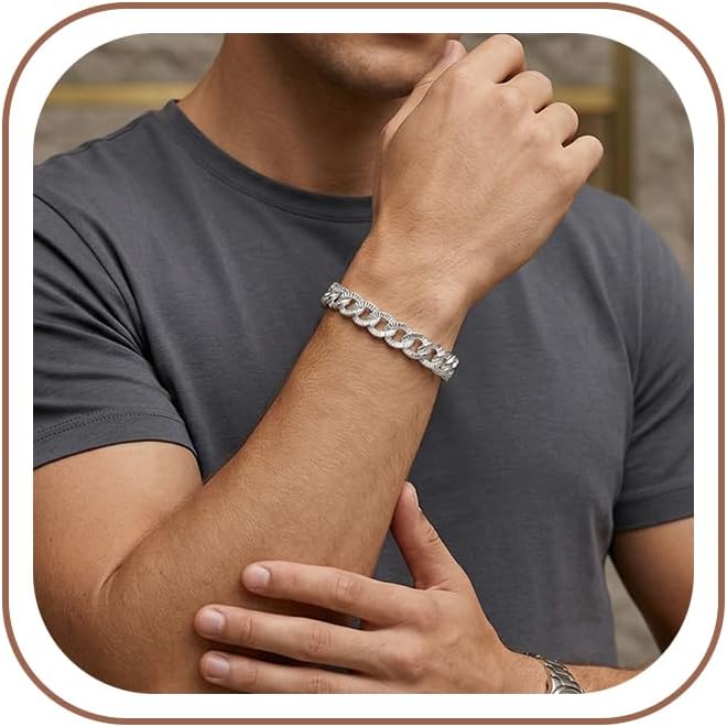 S925 Sterling Silver Bracelet for Men - 10.5MM S925 Sterling Silver Over Cuban Chain Bracelet Diamond Cut Silver Bracelets Gifts for Men 7.5/8/8.5/9Inch