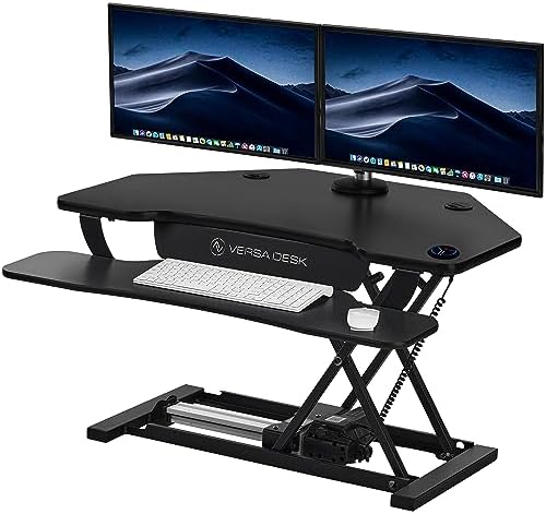 VERSADESK PowerPro 36" Corner Standing Desk Converter, 36 Inch Motorized Height-Adjustable Standup Desk Riser Sit to Stand Desktop with Keyboard and Mouse Tray + USB Charging Port, Black
