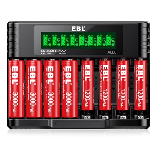 EBL Rechargeable Batteries with Charger, 1.5V Lithium Batteries AA 3000mWh 4 Pack & AAA Lithium...