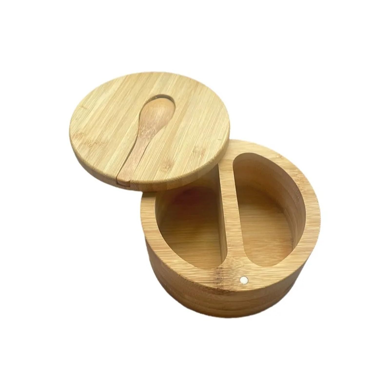 LuoAXINN Wooden Salt Cellar Multifunctional Condiment Container 3-Compartment Material Wood Spice Box Swivel Lid Round Kitchen Pots(2 Grid With Spoon)