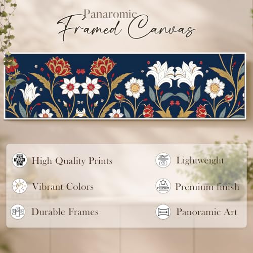 Image of Blue Luxury Floral Botanical Canvas Framed Wall Art Painting For Living Room, Blue Ornamental Flowers Painting With Frame, Elegant Panoramic Botanical Wall Art For Home & Office Decor, 13x47 Inch
