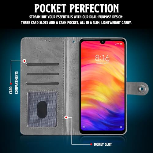 Image of WOW IMAGINE Shock Proof Flip Cover Back Case for Xiaomi Mi Redmi Note 7 | 7 Pro | 7S (Magnetic Button Flip Case | Wallet Pockets & Stand | Leather Finish | Stone Grey)