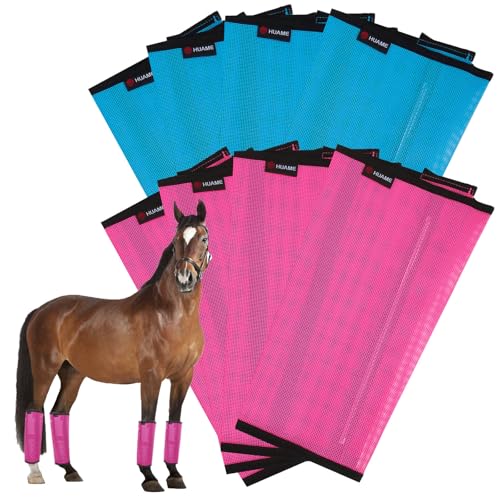 Image of Fly Boots for Horses Set of 8 Breathable Mesh Design Protection from Insect Pests for Reduce Stomping, Hoof Damage & Leg Fatigue (Blue-Rose, Large)