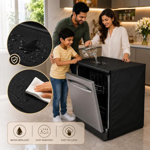Image of Waterproof Dishwasher Cover for 12 to 15 Place Setting | Suitable with Bosch, LG, IFB, Hafele, Faber & More | Dustproof Appliance Protector Zip Cover Universal Fit-(60X60X88cms Black)