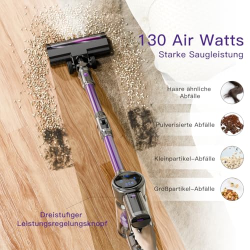 Akku Staubsauger, 28KPa Staubsauger Kabellos, Akkustaubsauger Selbstladender mit LED Display/Anti-Tangle-Bürste/wechselbarer Akku, Stabstaubsauger für Hartböden Teppiche Tierhaare (Lila) – Bild 3