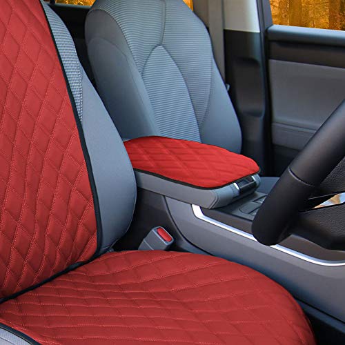 Image of FH Group Faux Leather Diamond Pattern Center Console Armrest Cushion, Luxury Seat Box Cover Protector fits Most Cars, SUVs, and Trucks Red