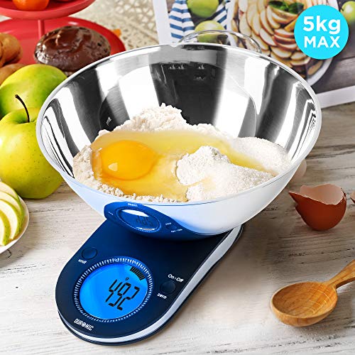 Duronic Digital Kitchen Scale KS5000 Electronic Kitchen Scales with Bowl and Large Display 5kg Capacity Weighing Scales - Ideal Food Measurement, Baking scales, Pet Food, and parcel scales.