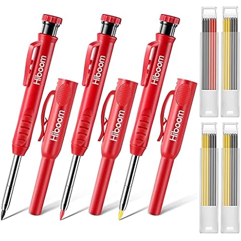 Hiboom 3 Pack Carpenter Pencils Set with 24 Refills, 2.8 mm Carpenters Mechanical Pencil Built in Sharpener Woodworking Marking Tool Solid Long Nosed Deep Hole Construction Pencil Cover