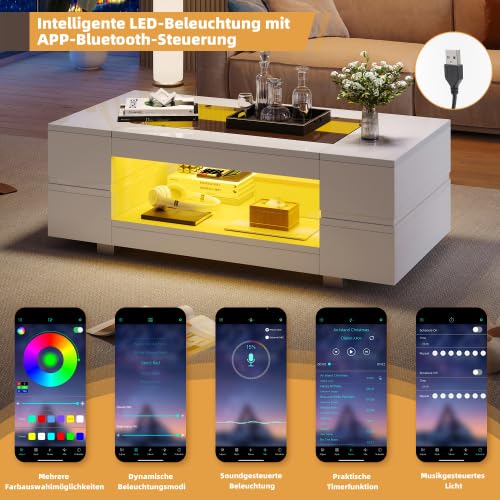 Merax Moderner Couchtisch Weiß 100x50x35cm mit LED-App-Steuerung, Wohnzimmertisch & Beistelltisch Couch, 2 Ebenen Stauraum, Wohnzimmer möbel, höhenverstellbar Coffee Table – Bild 5