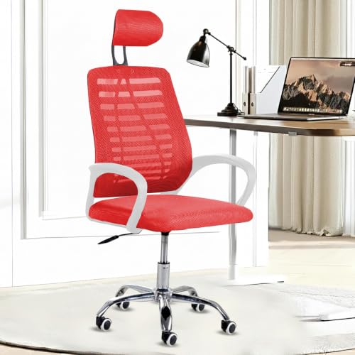 Image of Casa Copenhagen,Mesh Office Desk Chair,Rocking Ergonomic Computer Chair Adjustable High with Headrest and Comfortable Armrest Swivel - Cherry Red & White Handle
