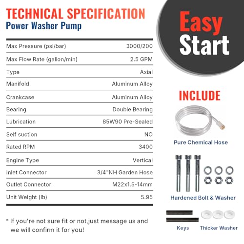 YAMATIC 7/8" Shaft Vertical Pressure Washer Pump Rear Inlet/Outlet 3000 PSI @ 2.5 GPM Replacement Pump for Power Washers, Compatible with 308653045, 308653052, 308653078, GCV190 and more thumbnail 8