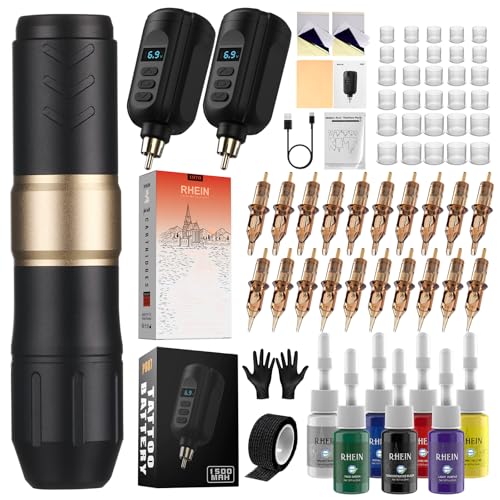 RHEIN Tattoo Maschine Set mit 2 Akkus und 20 Farben Tattoo Cartridges – Komplettes Zubehör
