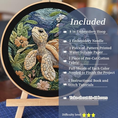 Image of FONNUY Sea Turtle Floral Embroidery Kit, Cross Stitch Kits for Beginners, Handmade Crafts with Printed Patterns for Adults, Easy to Follow Color Thread Needlework, 8'' Hoop (Ocean Journeyer)