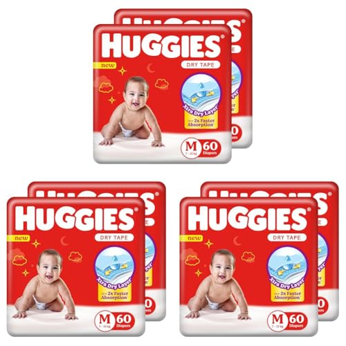 Image of Huggies Complete Comfort Dry Tape Medium (M) Size Baby Tape Diapers, 120 count with 5 in 1 Comfort (60 Count, Pack of 6)