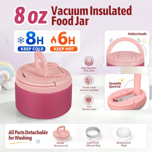 Image of MAXSO Bento Lunch Box Set for Kids with 8 oz Soup Thermo, Leakproof Hot Food Container with 4 Compartments, Insulated Food Jar for Toddler Daycare Boys Girls School - Pink