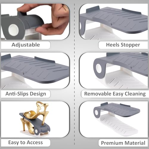 Image of JD FRESH 12 Piece Adjustable Shoe Slots Organizer /Space Saver Footwear Organizer /Double Layer Shoe Organiser for Home /Storage Rack for Shoes /Slippers /Sneakers /Sandals /Heels - (Grey)