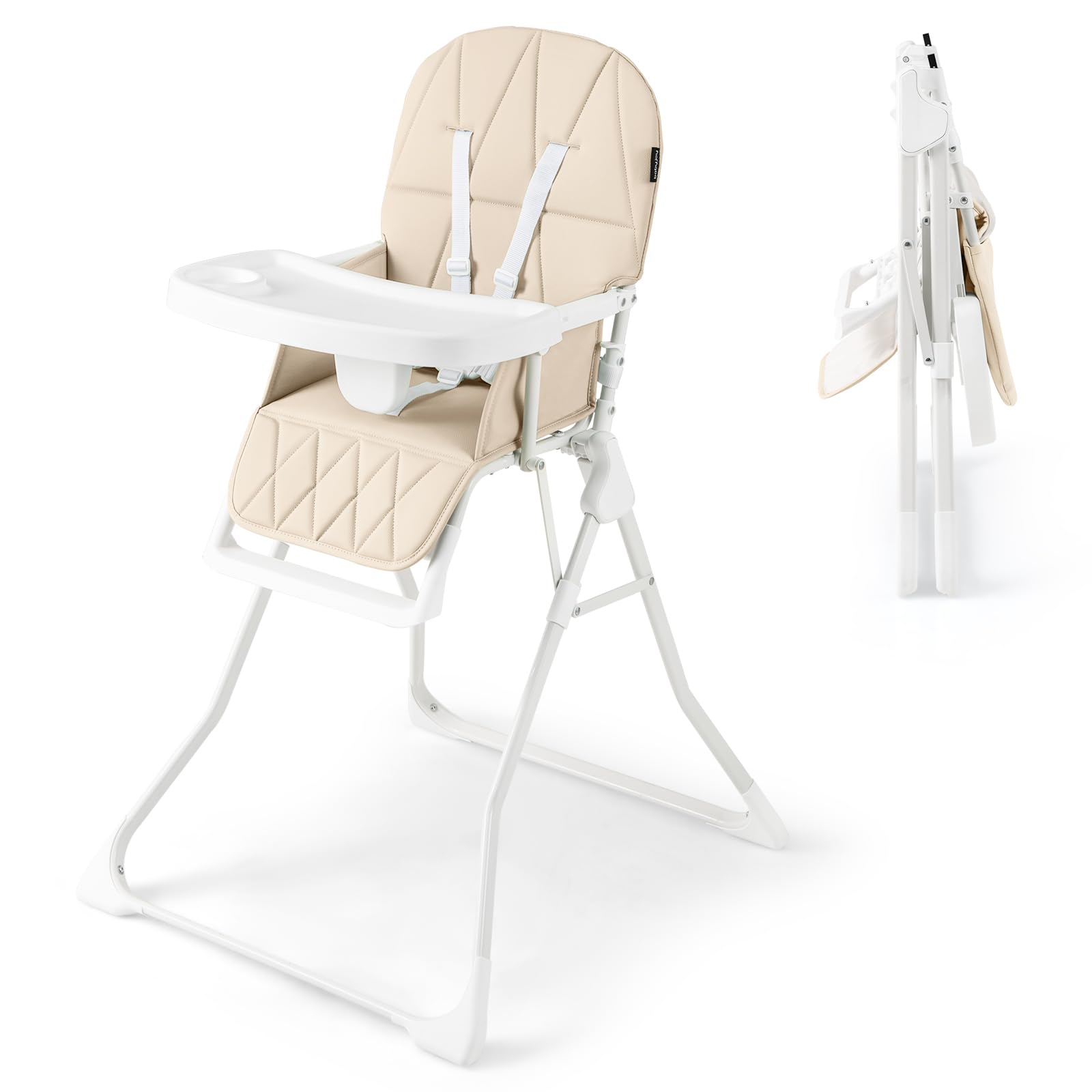 COSTWAY Foldable Highchair for Babies and Toddlers, Compact Lightweight High Chair with 3-Position Adjustable Tray & Footrest, Removable Seat Cushion (Beige)