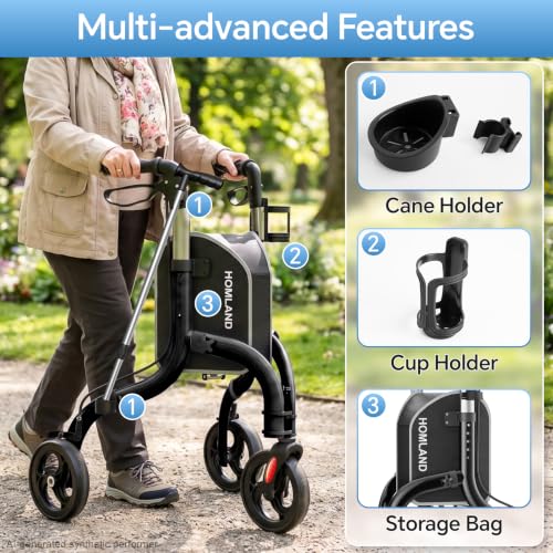 Image of HOMLAND Foldable 3 Wheel Walkers for Seniors, Lightweight 10.4 lb | with Cane & Cup Holder, Height Adjustable, 8'' big wheel, Shiny Black