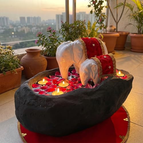 Image of Greymode Yaanai Uruli (White Elephant with Mother & Baby Love) Resembles a Strong Family Bond | Perfect for Home Decor (Divya Kshetram (Uruli + Vasthram + Shuddha peetam))