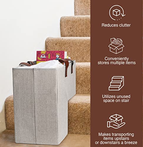 Sam And Mabel Stair Baskets For Carpeted And Wooden Stairs - 16” L X 9.4” W X 16” H Foldable Staircase Basket With Leather Handles, Stair Step Storage Organizer For Home Office Decor (Naturel Beige) #TOP3