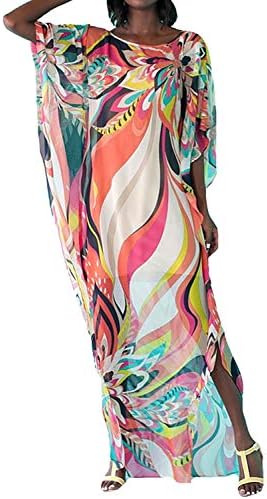 RanRuiSwimsuit Cover up Leopard Caftan Caftans Women's Vneck Draw String Batwing Sleeve Animal Flower Print Kaftan Dresses 1066