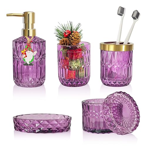 LaMarriti Purple Bathroom Accessories Set, 5Pcs Clear Glass Bathroom Set,