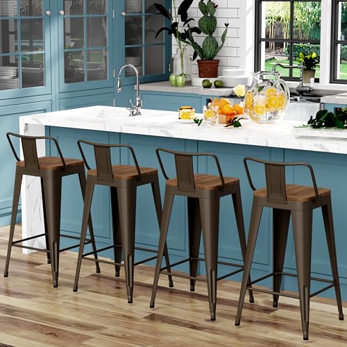 Image of WENTMENT Industrial Rusty Bar Stools Set of 4, 24 inch Counter Height, Wooden Seat, Removable Back, Stackable