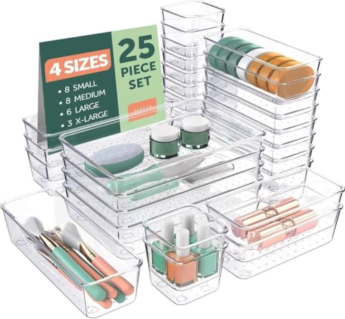 Image of 25 PCS Drawer Organizer Set, Transparent Plastic Drawer Storage Organizers with Non-Slip Rubber Pads, Multi Size Drawer Divider Trays for Makeup, Kitchen, Bathroom, Office, Vanity & Dresser