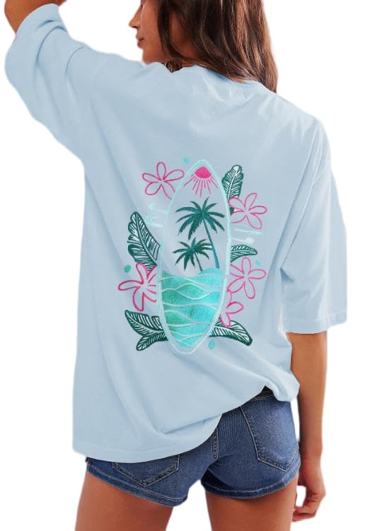 Image of Summer Oversized Flower Graphic Tees Y2k Coastal Beach Palm Surfboard Tops Baggy T-Shirts Teen Girls Preppy Clothes