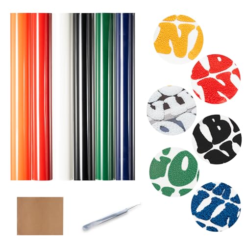 Ohuhu 3D-Puff Plotterfolie Textil 6 Farben Leicht zu schneiden entgittern & bügeln Starke Haftung 30 x 25 cm Flexfolie Plotter Textil für Cricut DIY T-Shirts Mützen Logos & Schriftzüge