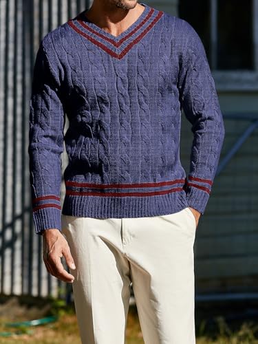 PASLTER Mens V Neck Sweater Cable Knit Chunky Relaxed Fit Fashion Twist Thermal Pullover Tennis Sweaters3