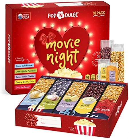 Popcorn Gifts For Women Movie Night Gift Baskets Gifts For Her Gift Set For Women, 10 Piece Set, 5 Gourmet Popcorn Kernels and 5 Popcorn Seasoning Flavoring, Non-GMO, Gift Idea From Daughter, Wife, Mom, Son