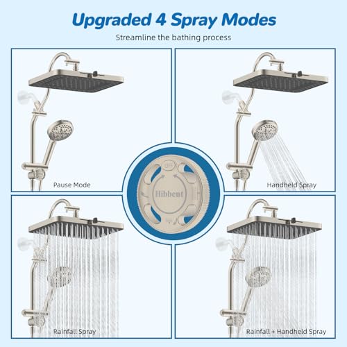 Hibbent cUPC Certified 13'' Shower Head Combo, High Pressure 5 Spray Rainfall Showerhead, 10 Spray Handheld, All Metal Easy Reach 4-way Diverter Arm with Pause Mode, 71'' Hose & Holder, Brushed Nickel by Hibbent - Image 4